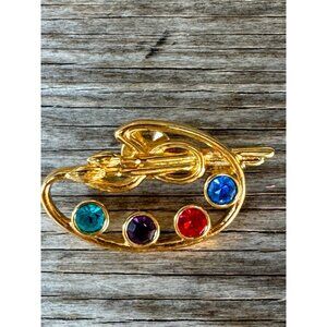 Vintage Gold-Tone Artist Palette Brooch With Colorful Rhinestones